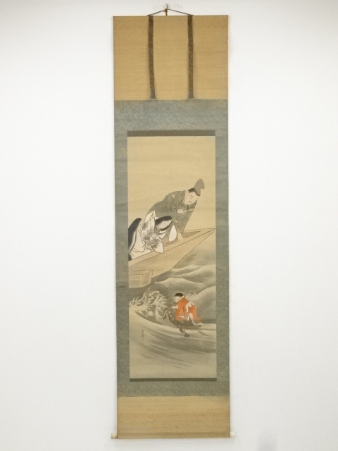 JAPANESE HANGING SCROLL / HAND PAINTED / SCENERY IN THE PAST / TAISHO SHOWA ERA